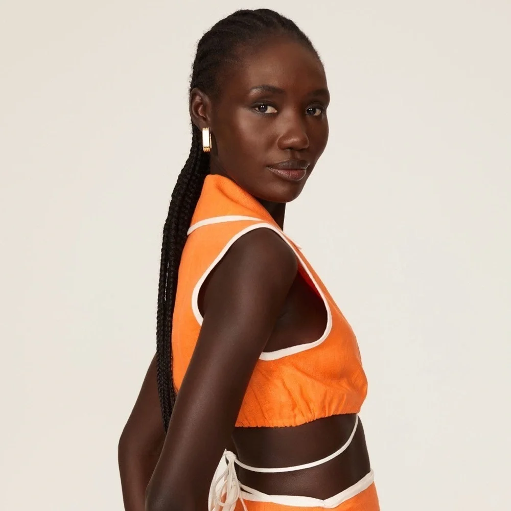 Matthew Bruch - Tie Waist Crop Top - Orange White Linen - Sz 4- RTR - Picture 2 of 13